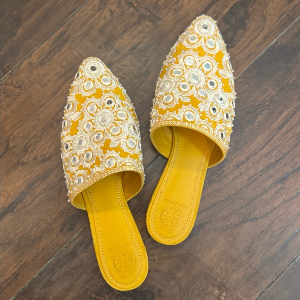Tory Burch Elora Mirrored Pointed Toe Flat Slide Sandals